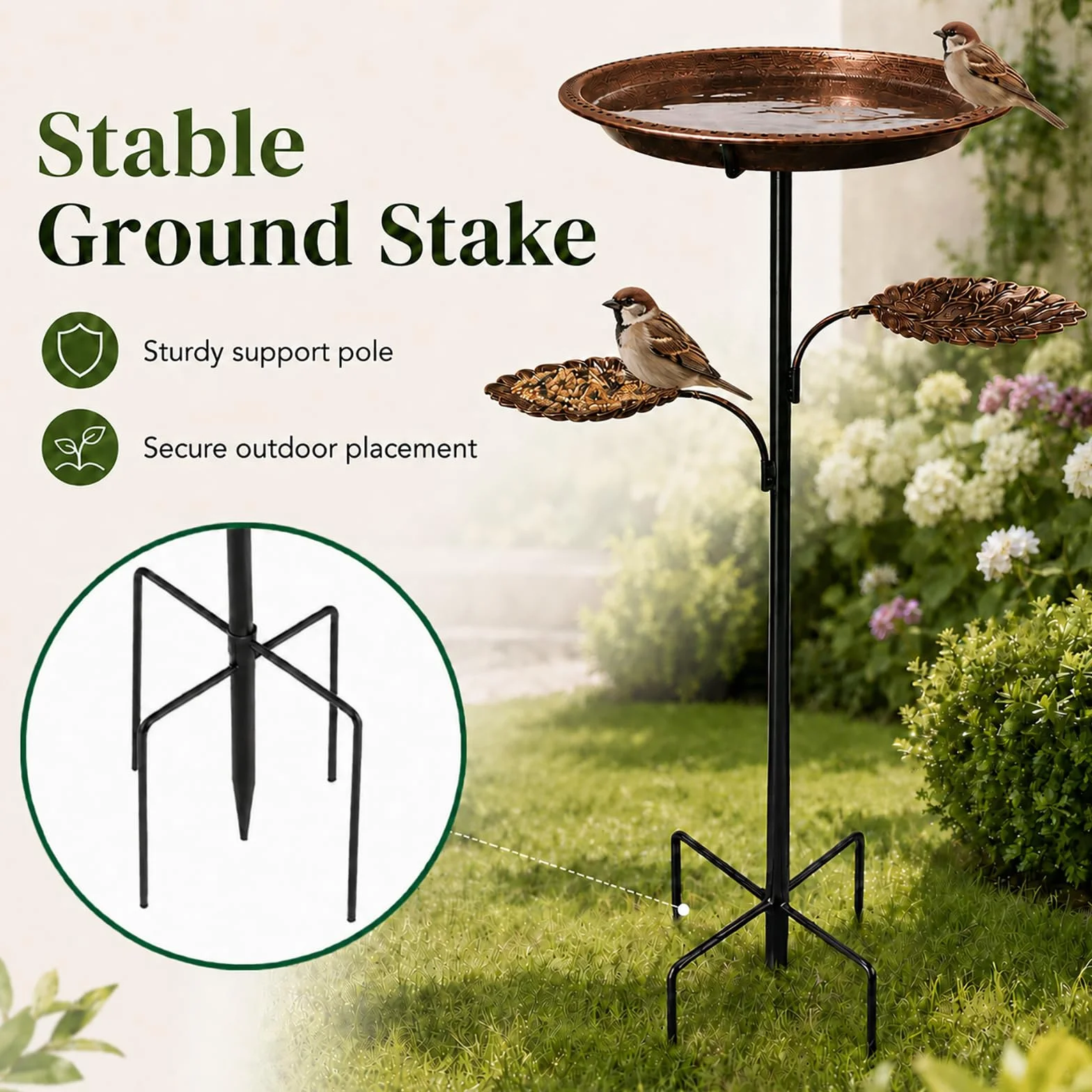 Bain d’Oiseaux en Métal sur Pied Vintage 2 en 1 Mangeoire Abreuvoir pour Jardin Extérieur Cuivre