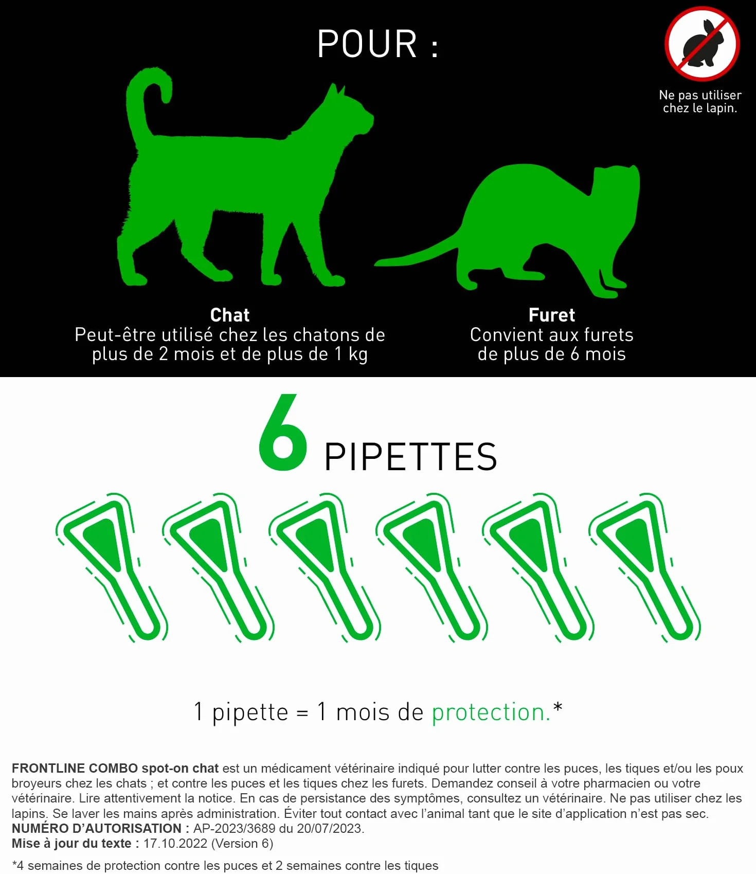FRONTLINE Combo Chat 6 Pipettes Anti Puces Tiques Poux Larves Oeufs Jusqu'à 4 Semaines Fabriqué En France