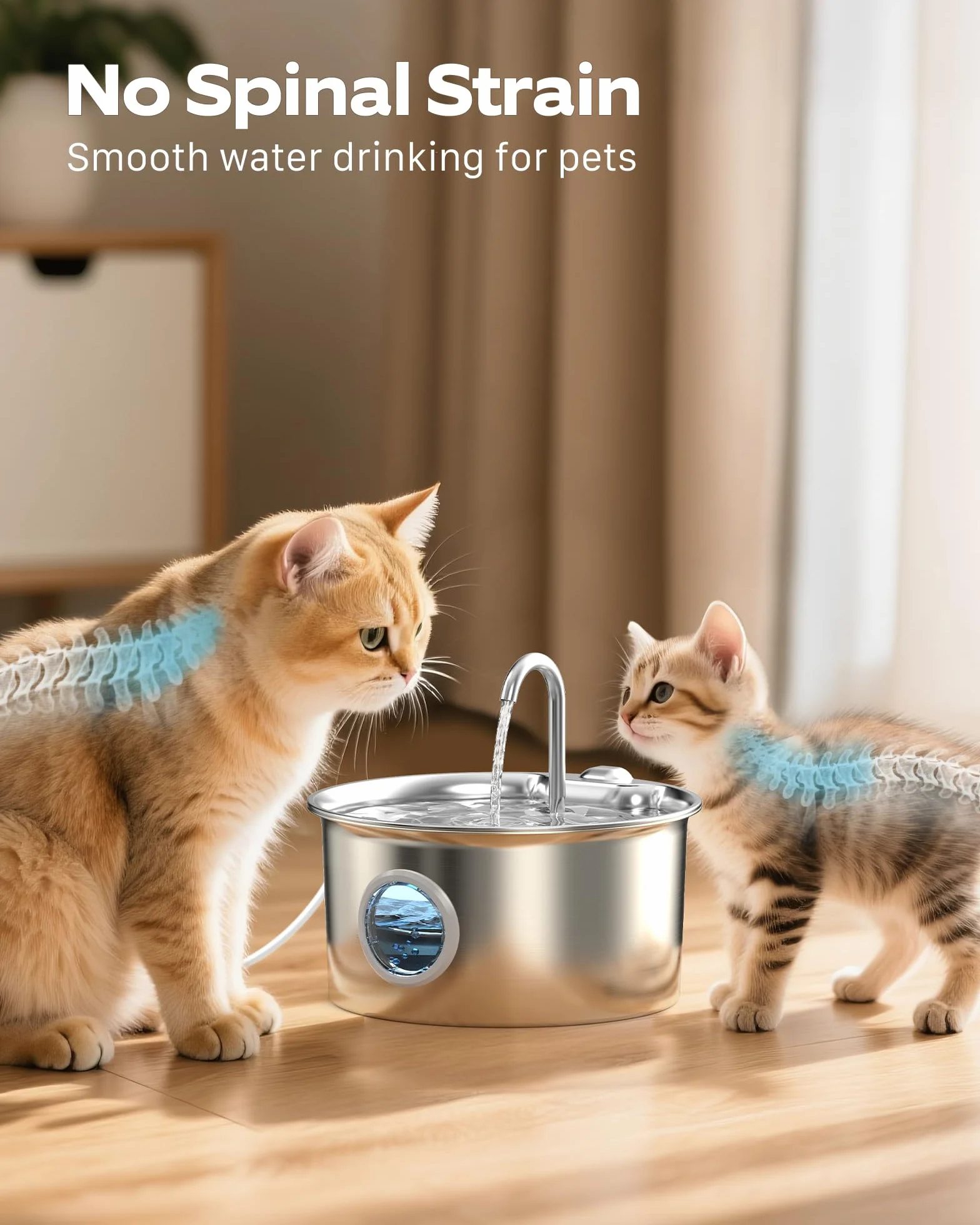 Fontaine à Eau pour Chat INOX 2,6L Automatique Silencieuse avec Fenêtre de Niveau d'eau