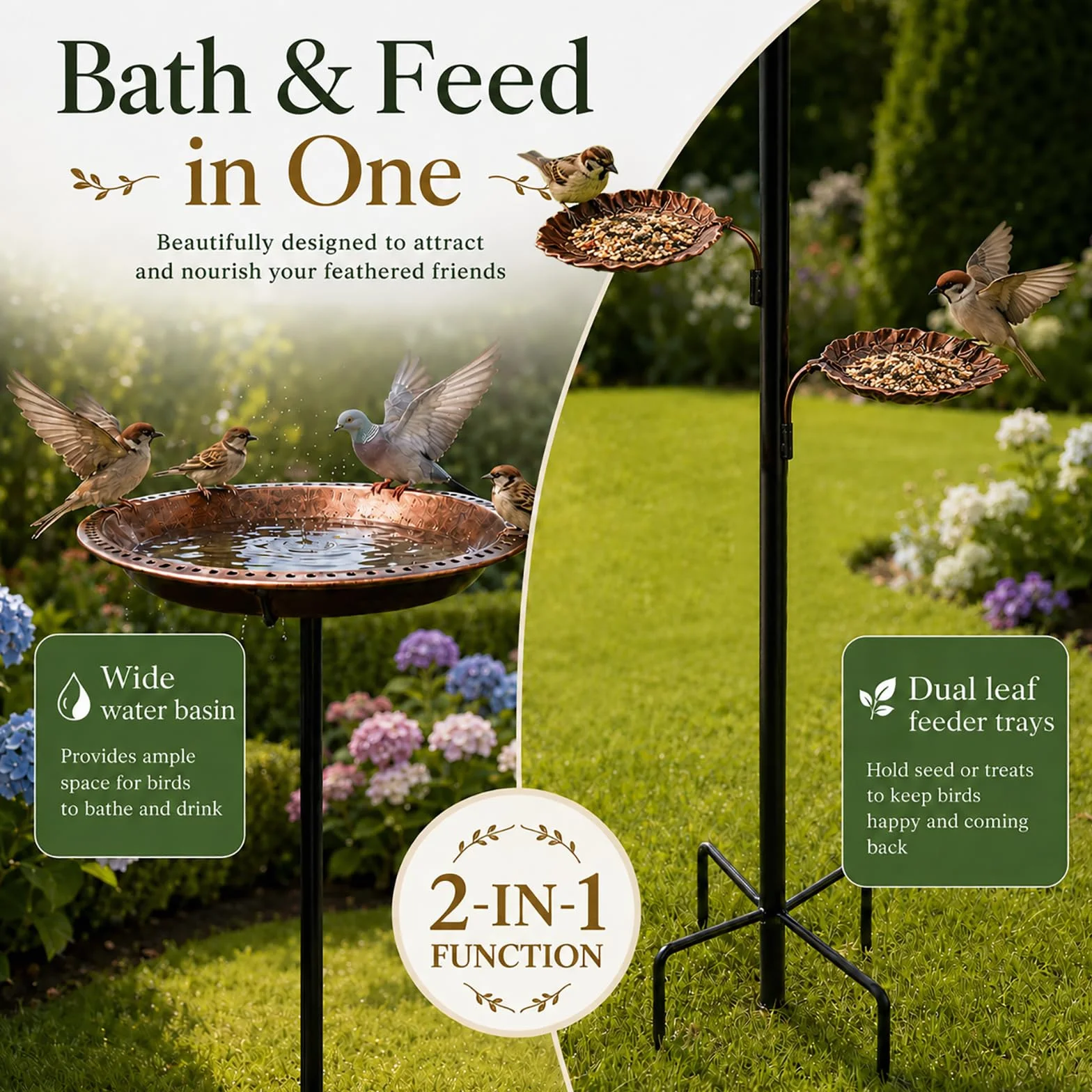 Bain d’Oiseaux en Métal sur Pied Vintage 2 en 1 Mangeoire Abreuvoir pour Jardin Extérieur Cuivre