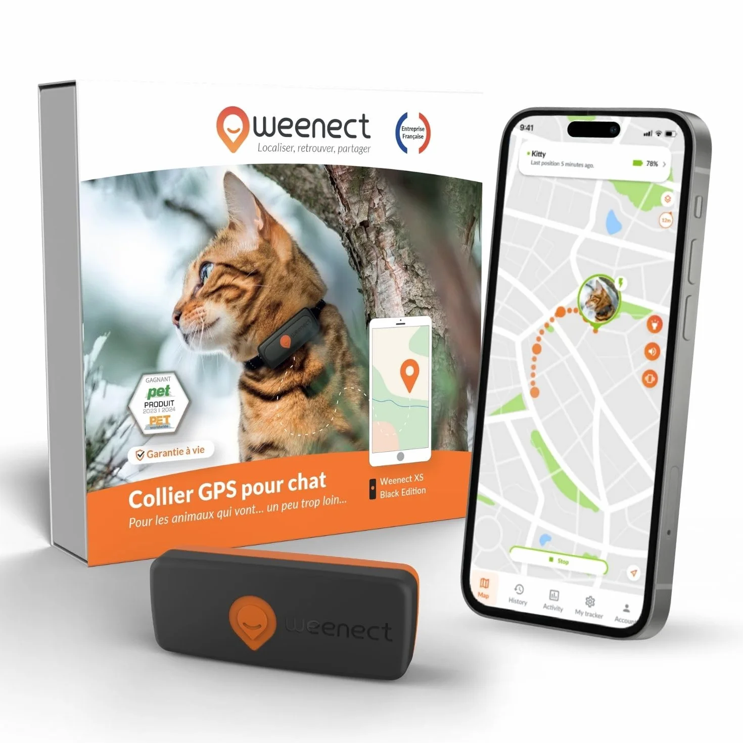 Weenect Chat XS Collier GPS pour Chat Suivi en Temps réel Plus Petit modèle du marché Fonctionne avec abonnement Collier Inclus Garantie à Vie