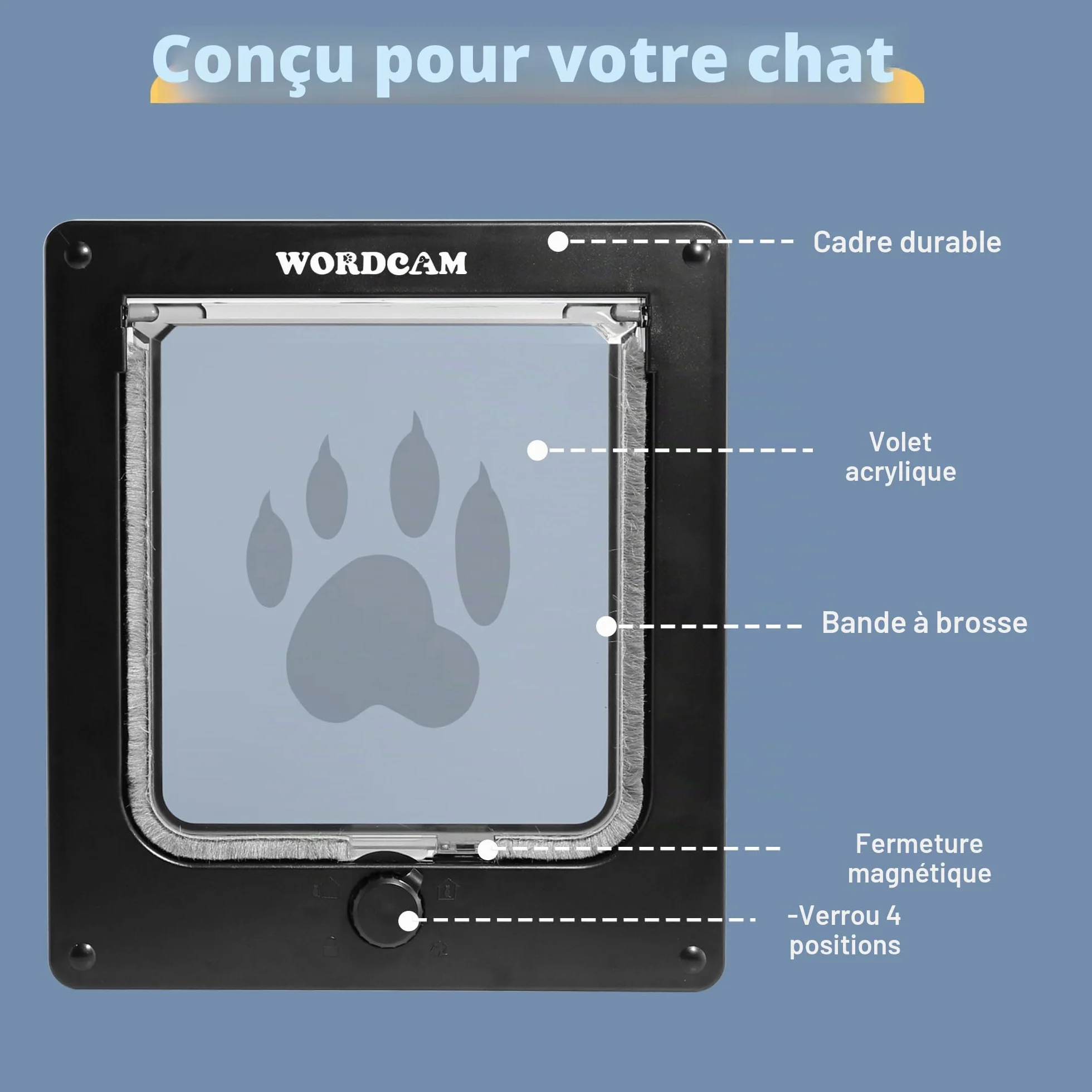 Wordcam porte pour chat XL chatière solide intérieur/extérieur verrouillable 4 voies