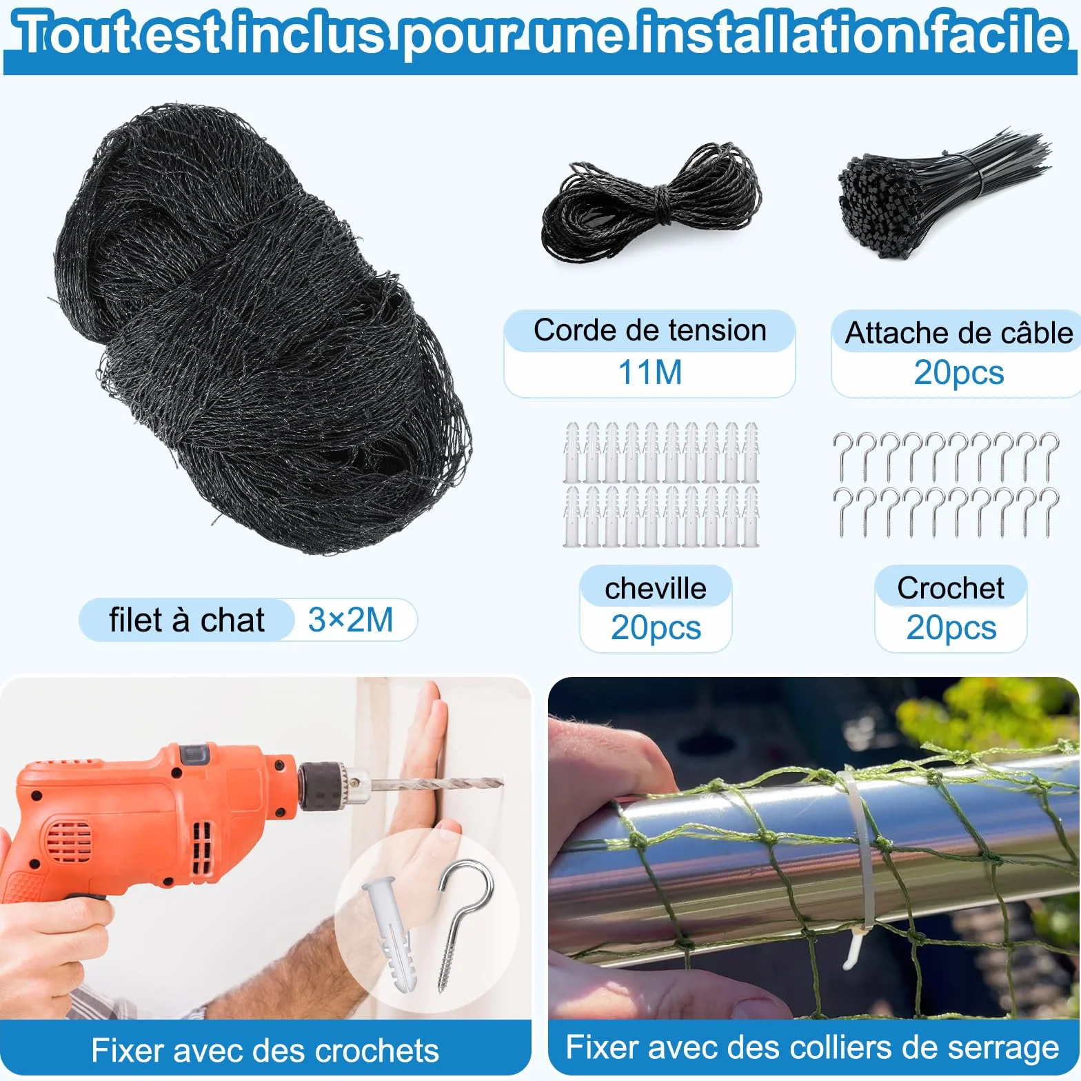 Filet Chat Balcon Renforcé 3x2M Protection Résistant Morsures UV