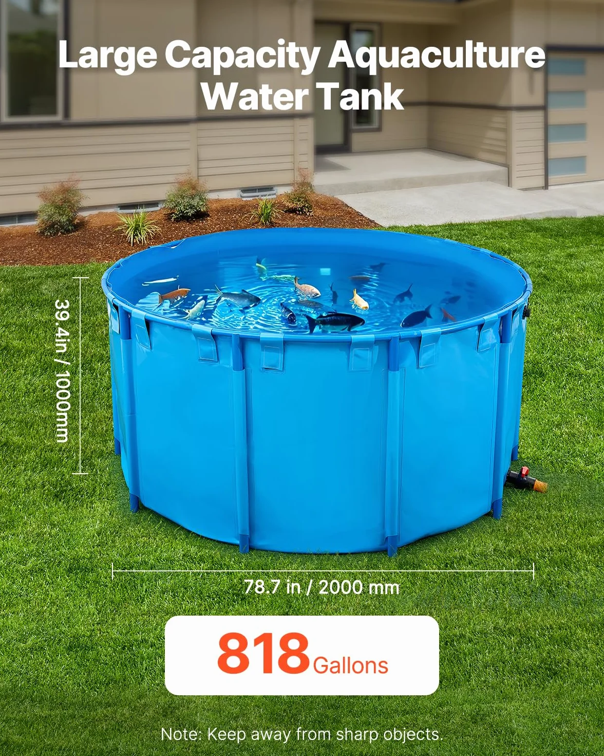 VEVOR Bassin à Poissons Hors Sol 3100 L, Étang en Toile PVC avec Cadre Plastique et Vanne de Vidange, Bleu