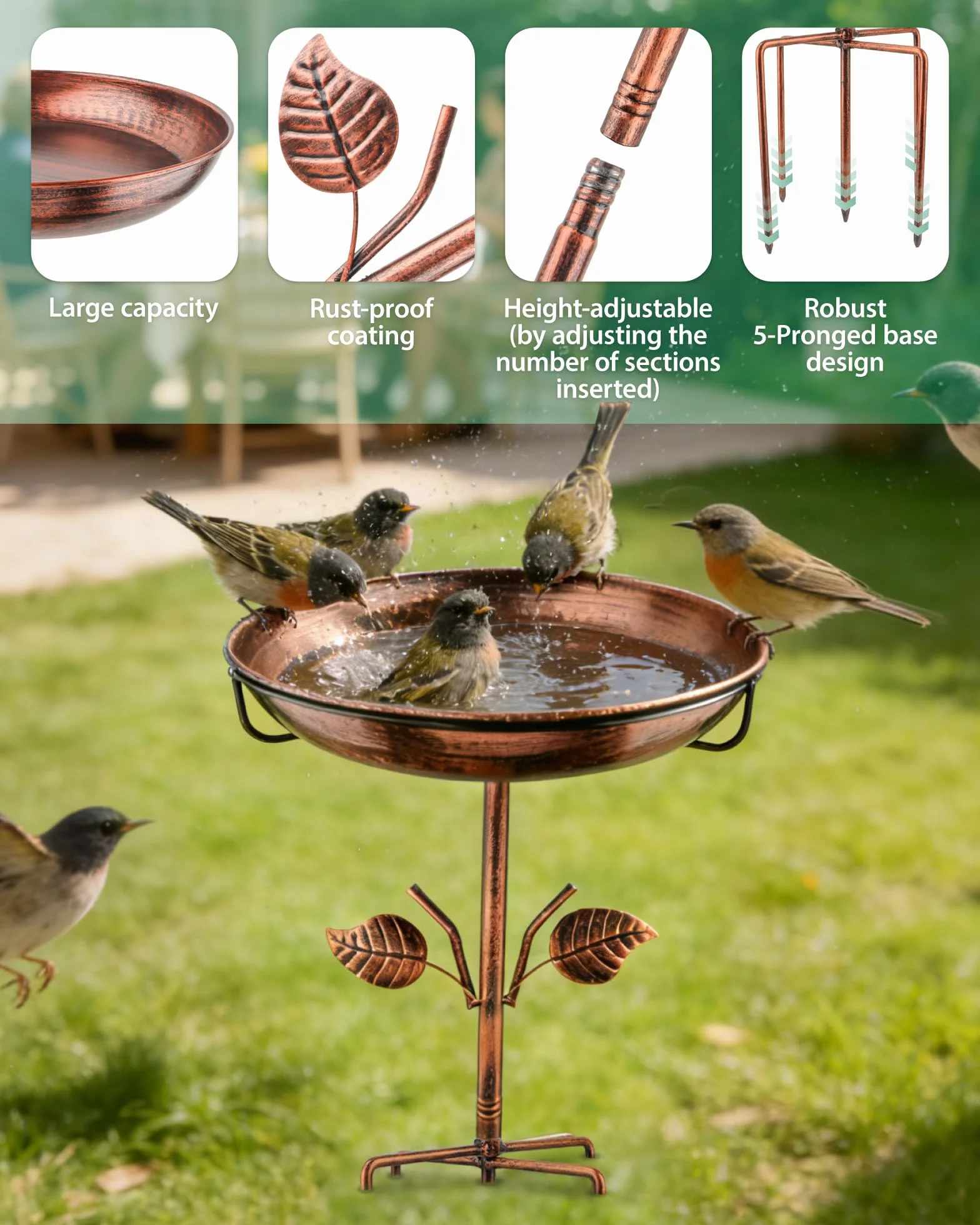 Bain d'oiseau en métal pour extérieur avec bol alimentateur 5 pinces