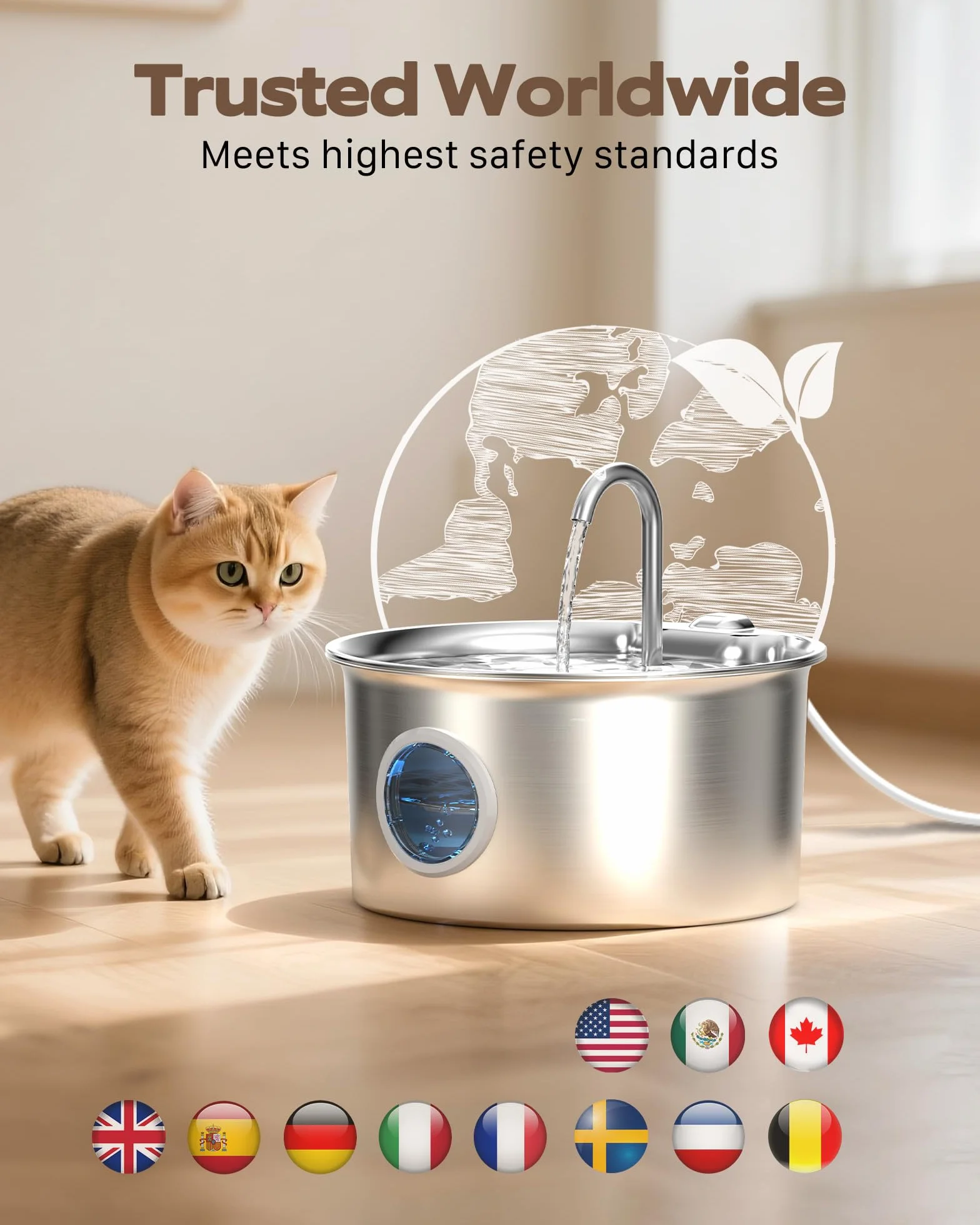 Fontaine à Eau pour Chat INOX 2,6L Automatique Silencieuse avec Fenêtre de Niveau d'eau