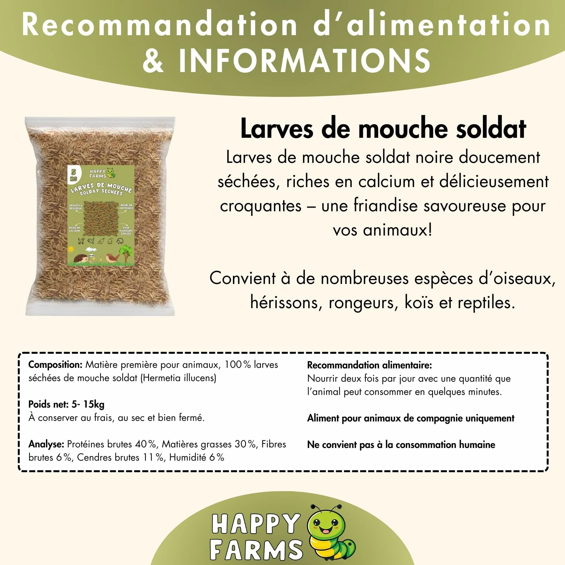 Larves de Mouches Soldats séchées 10 kg Nourriture pour Oiseaux Sauvages Poissons Hérissons