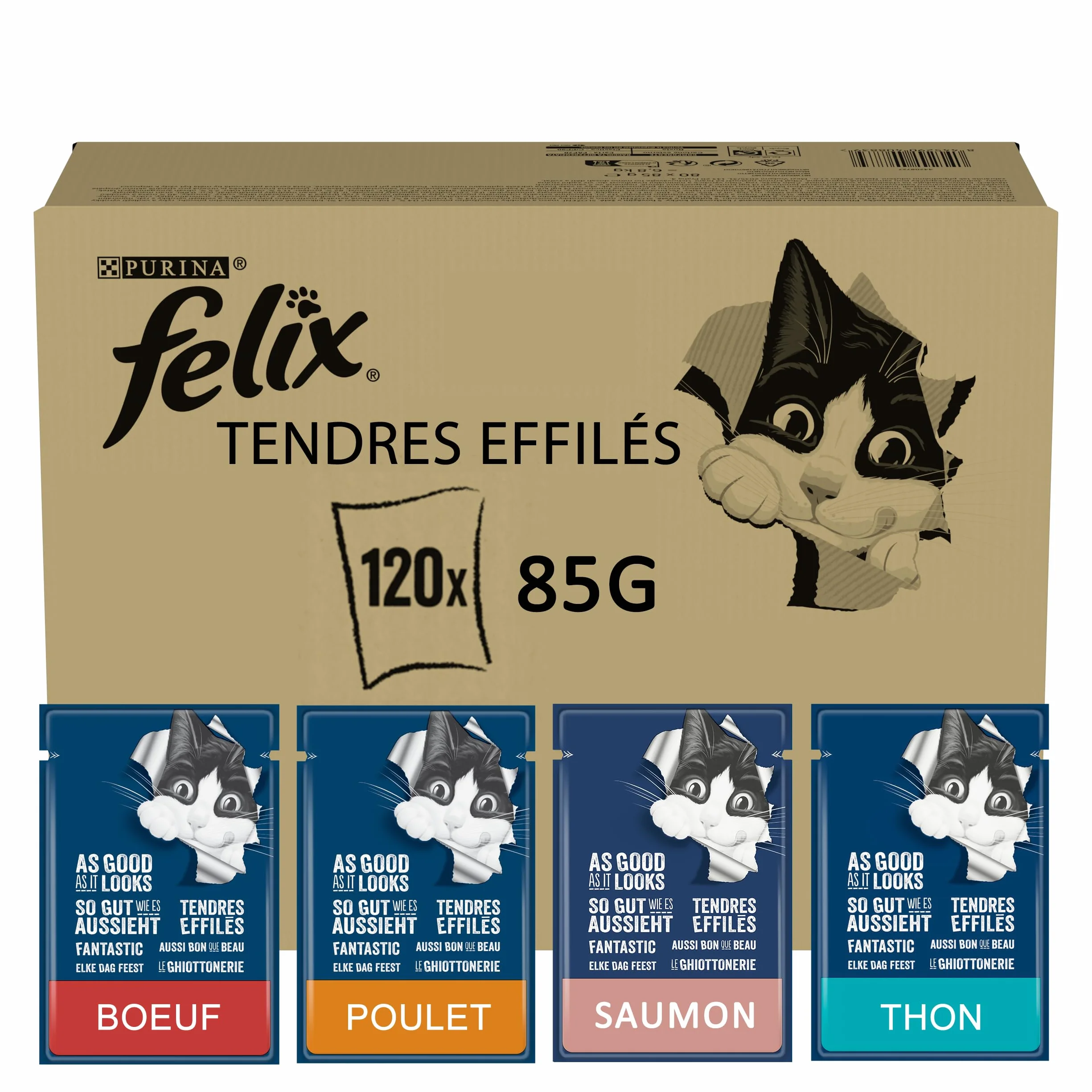 Felix Tendres Effilés Aliment Complet pour Chat Adulte Sélection Mixte Boeuf Poulet Saumon Thon Gelée Portion Individuelle 120x85g