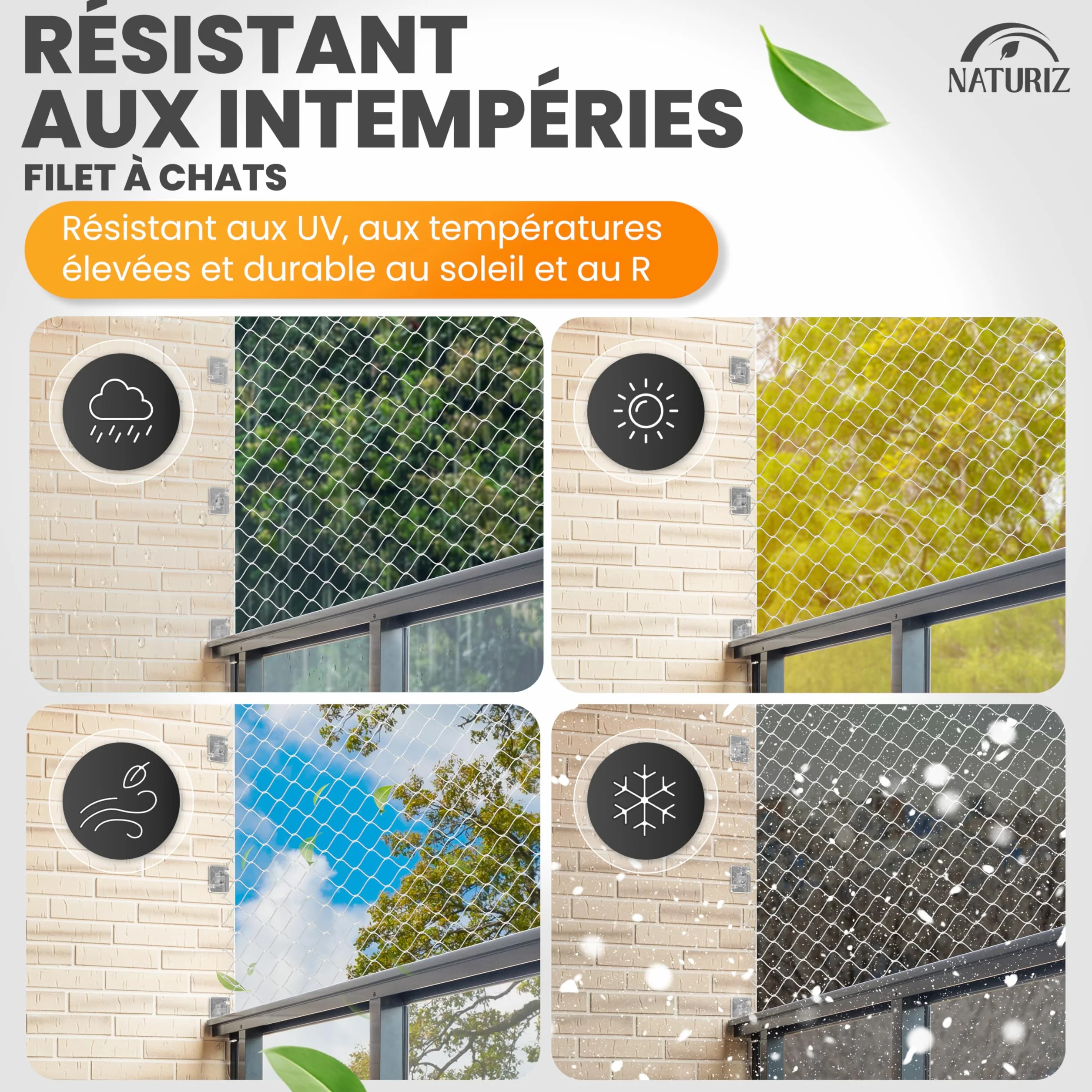 Naturiz Filet de protection pour chat pour balcon sans perçage avec crochets adhésifs et silicone - Filet transparent