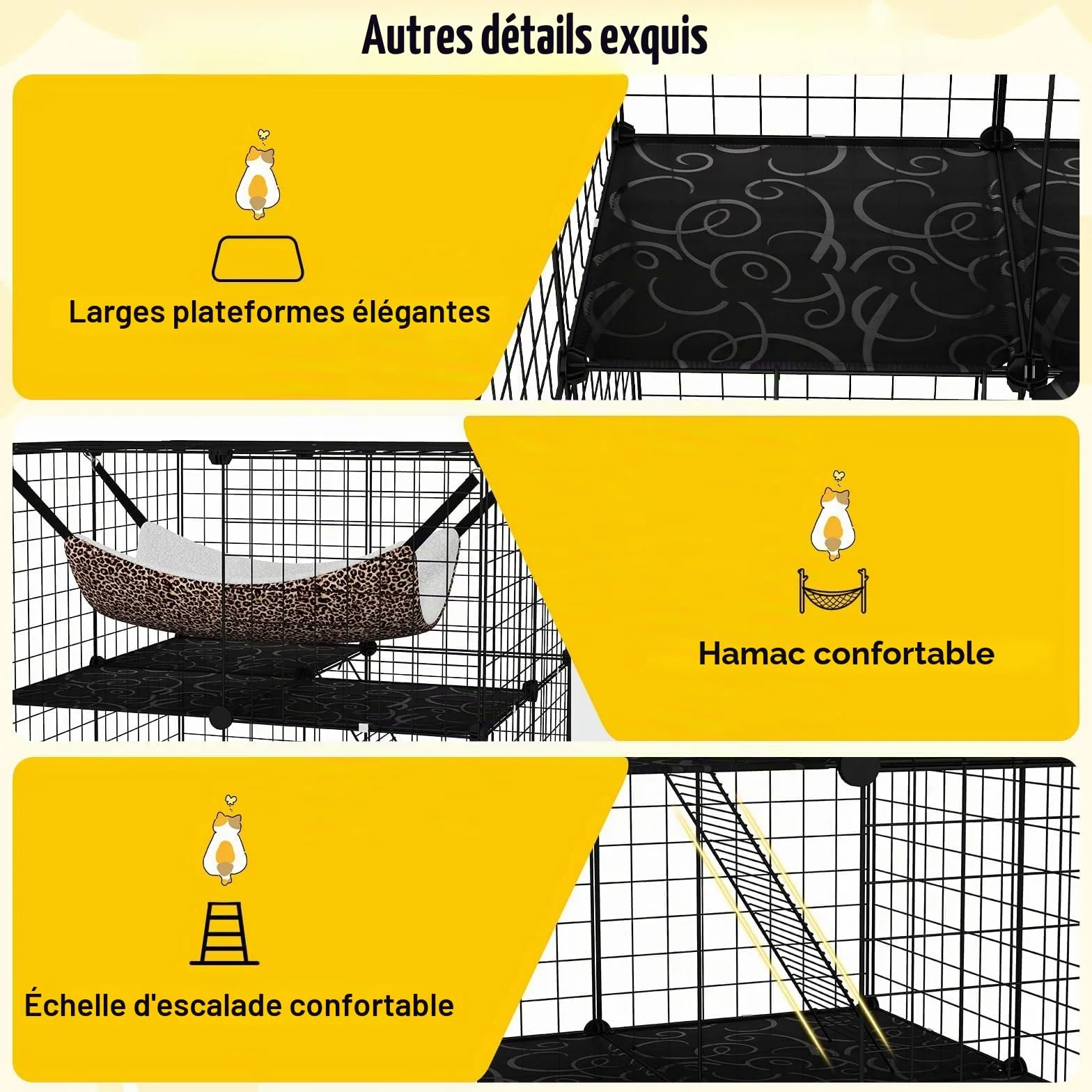 FANTASK Grande Cage à Chat 3 étages Fil métallique avec fenêtre Toit, hamac, 74 x 74 x 107 cm Noir