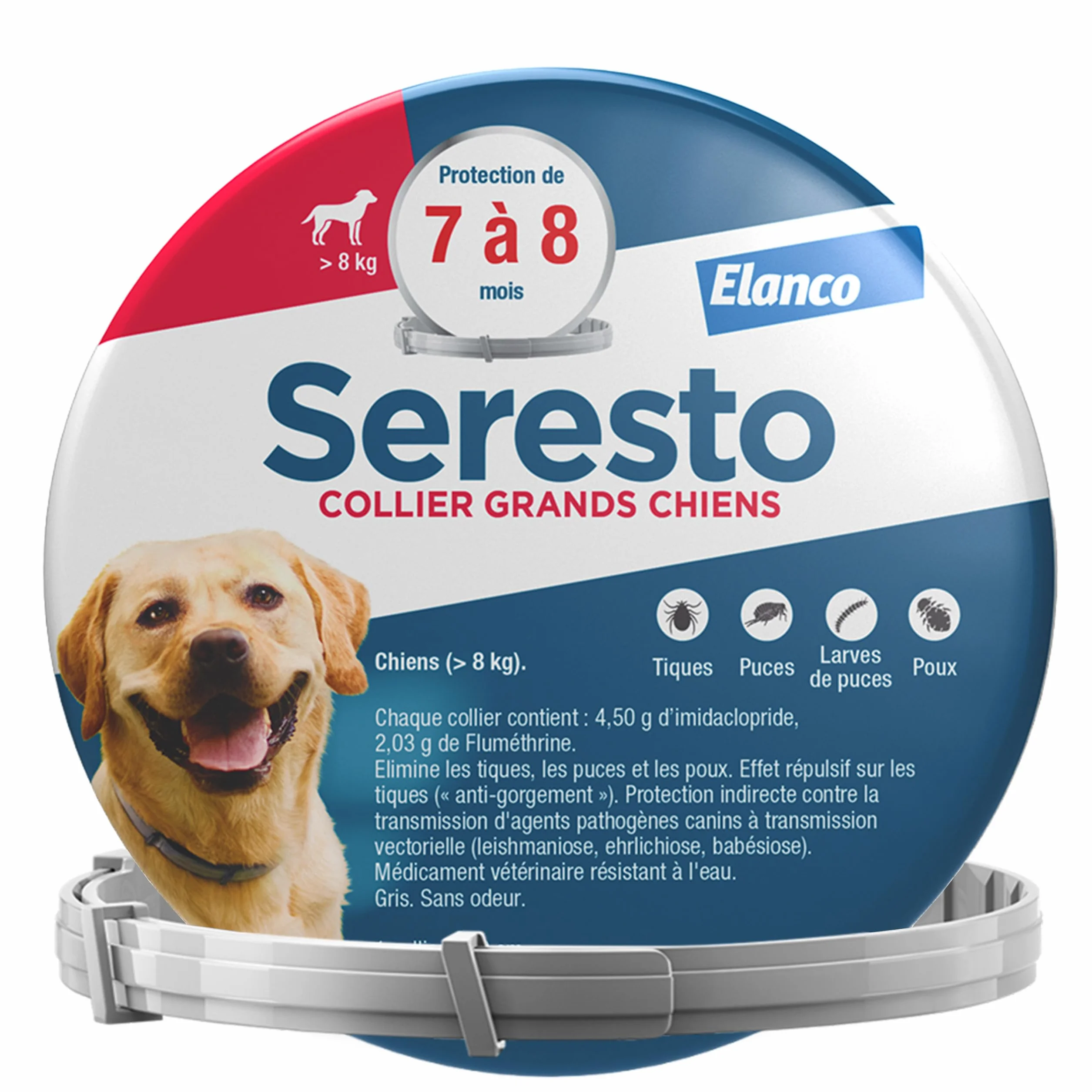 Seresto Collier Grands Chiens anti puces et tiques protection 7-8 mois gris