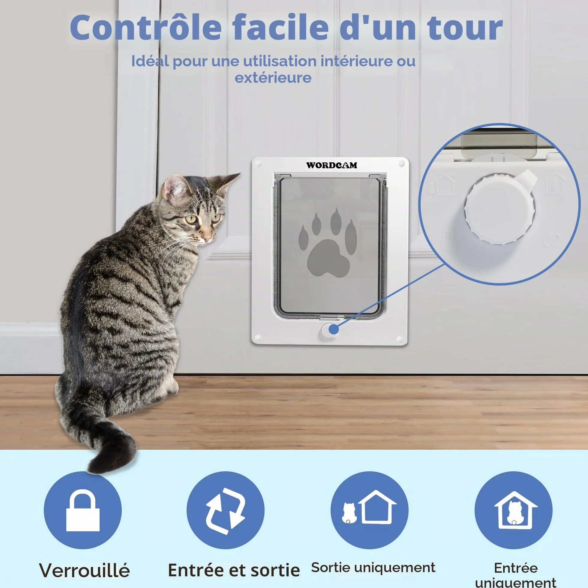 Wordcam porte pour chat XL, verrouillable 4 voies, résistante, jusqu'à 11,3 kg, chatière chaton/chien