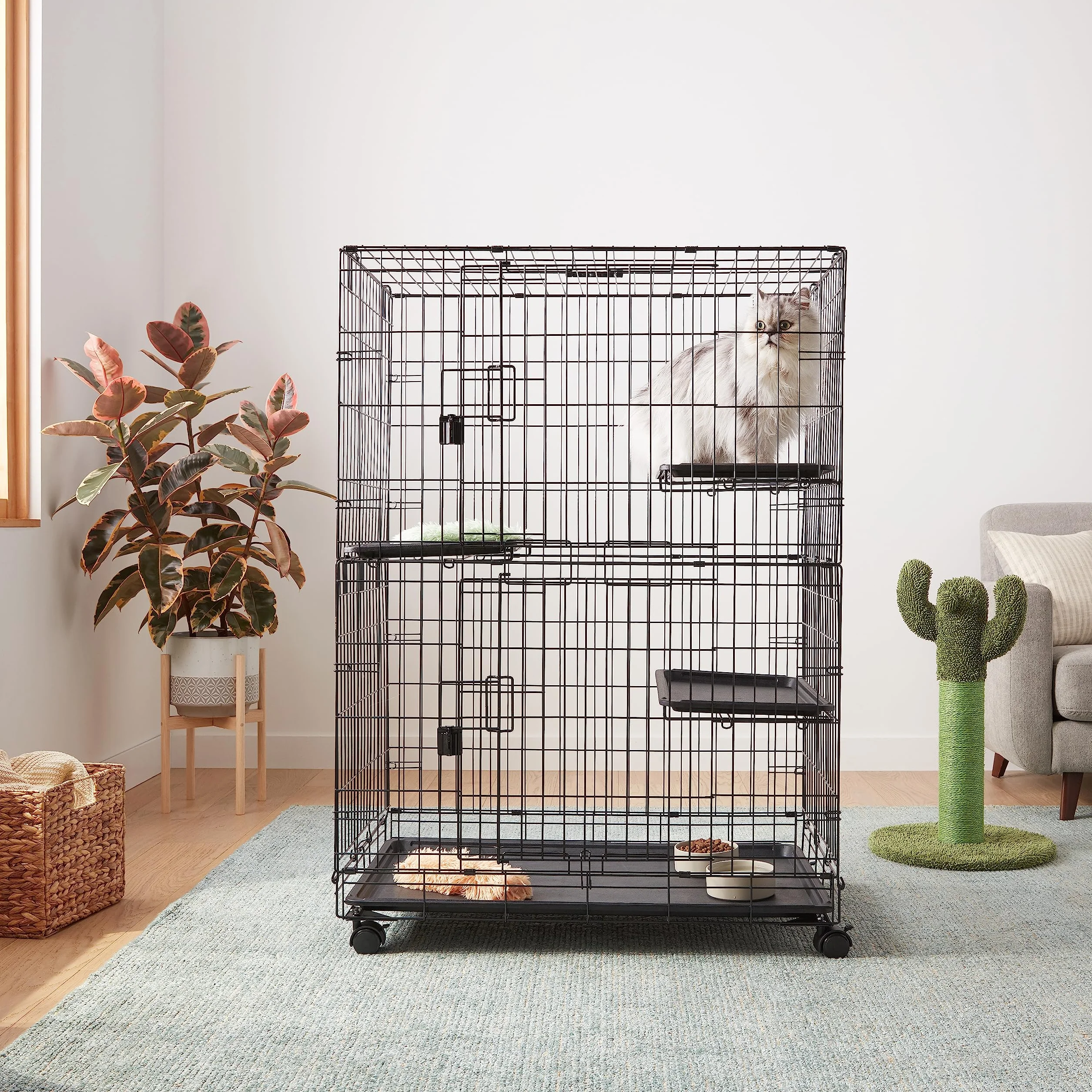 Amazon Basics Durable Cage de jeu pour chat 3 niveaux Grand modèle Noir 91 x 57 x 129 cm