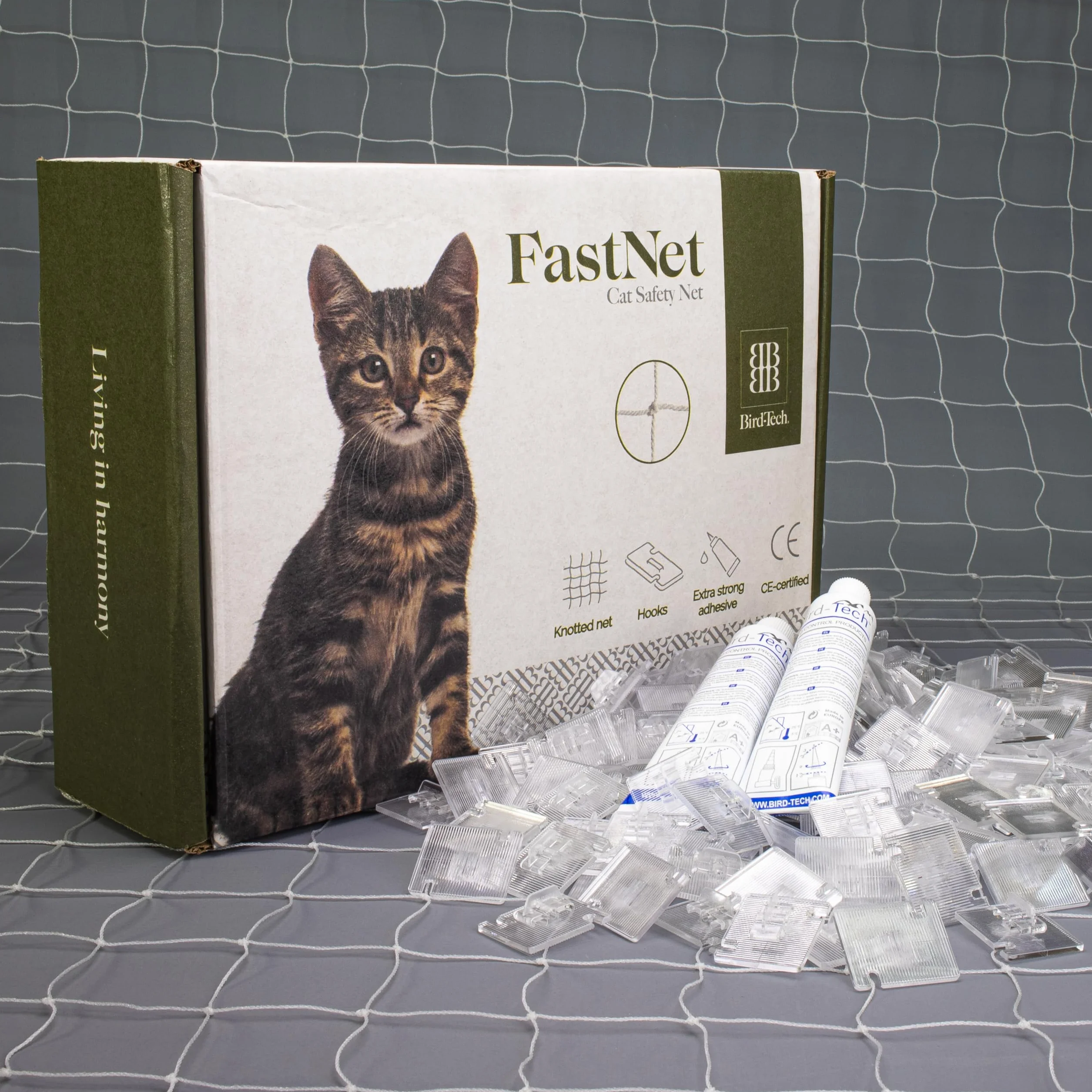 Bird-Tech TM Filet Balcon pour Chats Oiseaux Transparent 8x3 MTS + 100 Crochets + 2 Silicone 80ml