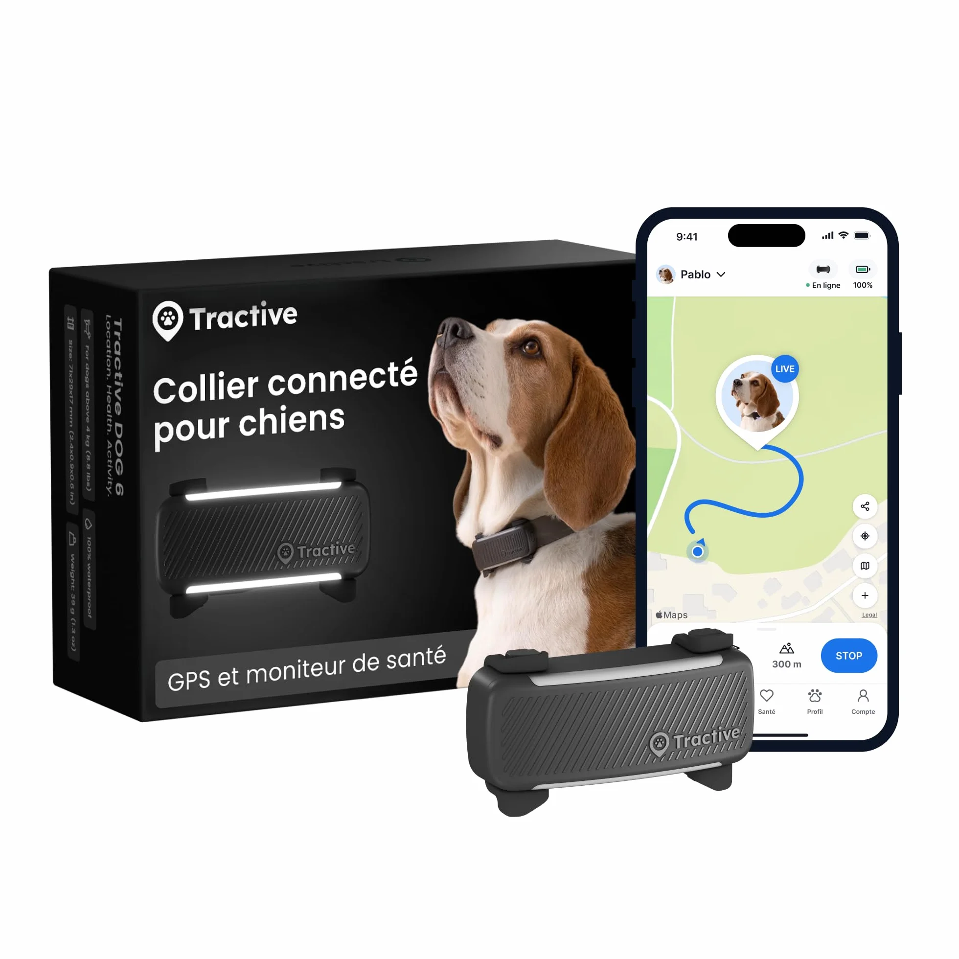 Tractive Collier GPS pour chien 2025 Édition Localisation en direct Alertes anti-fugue Moniteur d'activité et d'aboiements Noir