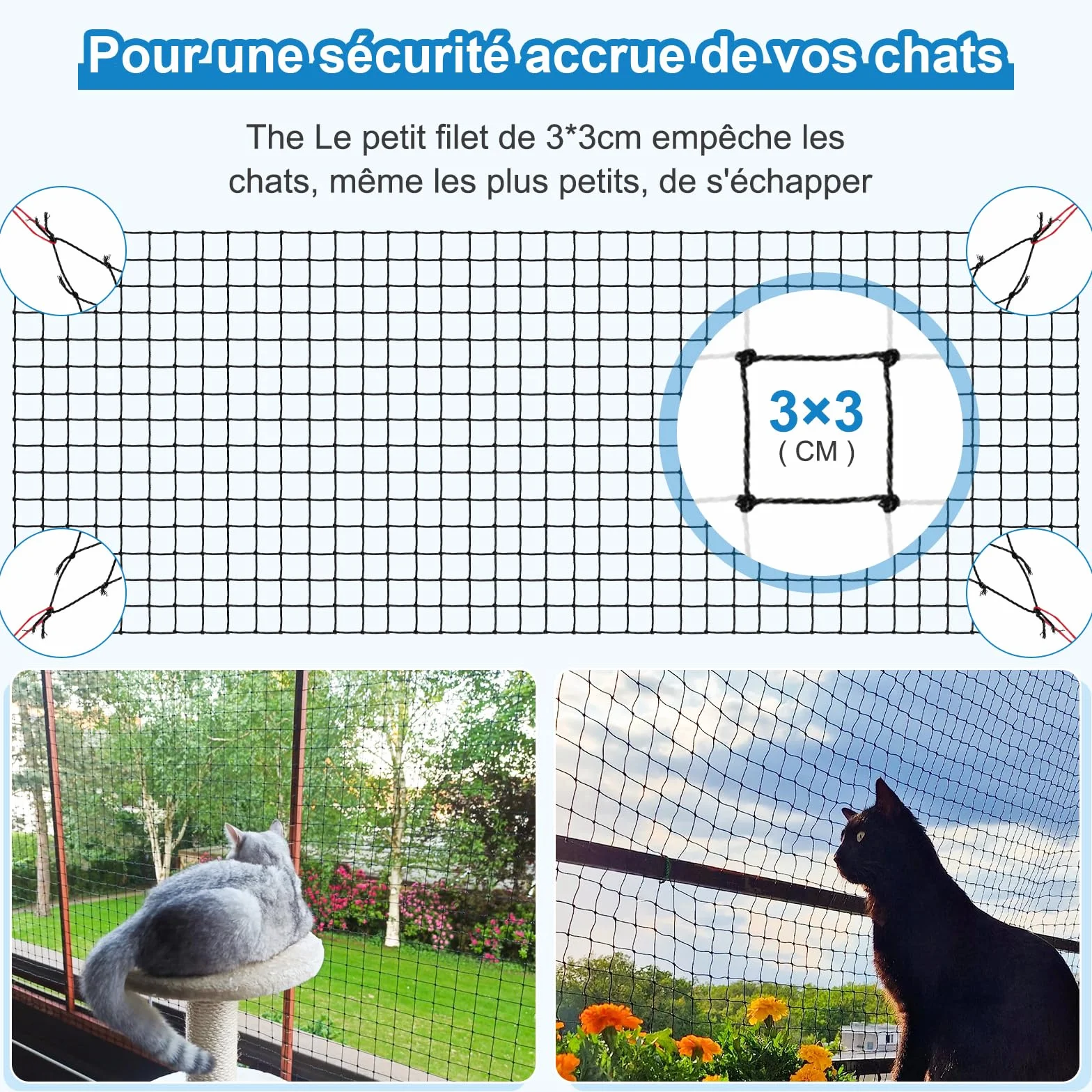 Filet Chat Balcon Renforcé 3x2M Protection Résistant Morsures UV