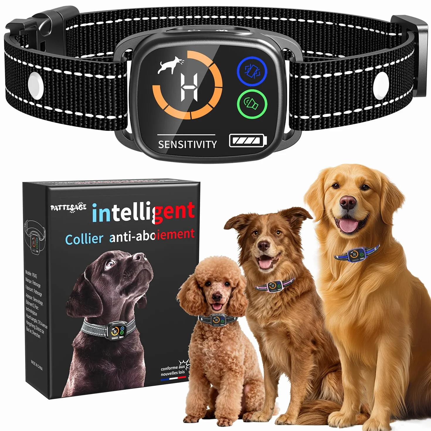 Collier Anti Aboiement Chien Électrique 6 Niveaux IP67 Rechargeable Noir
