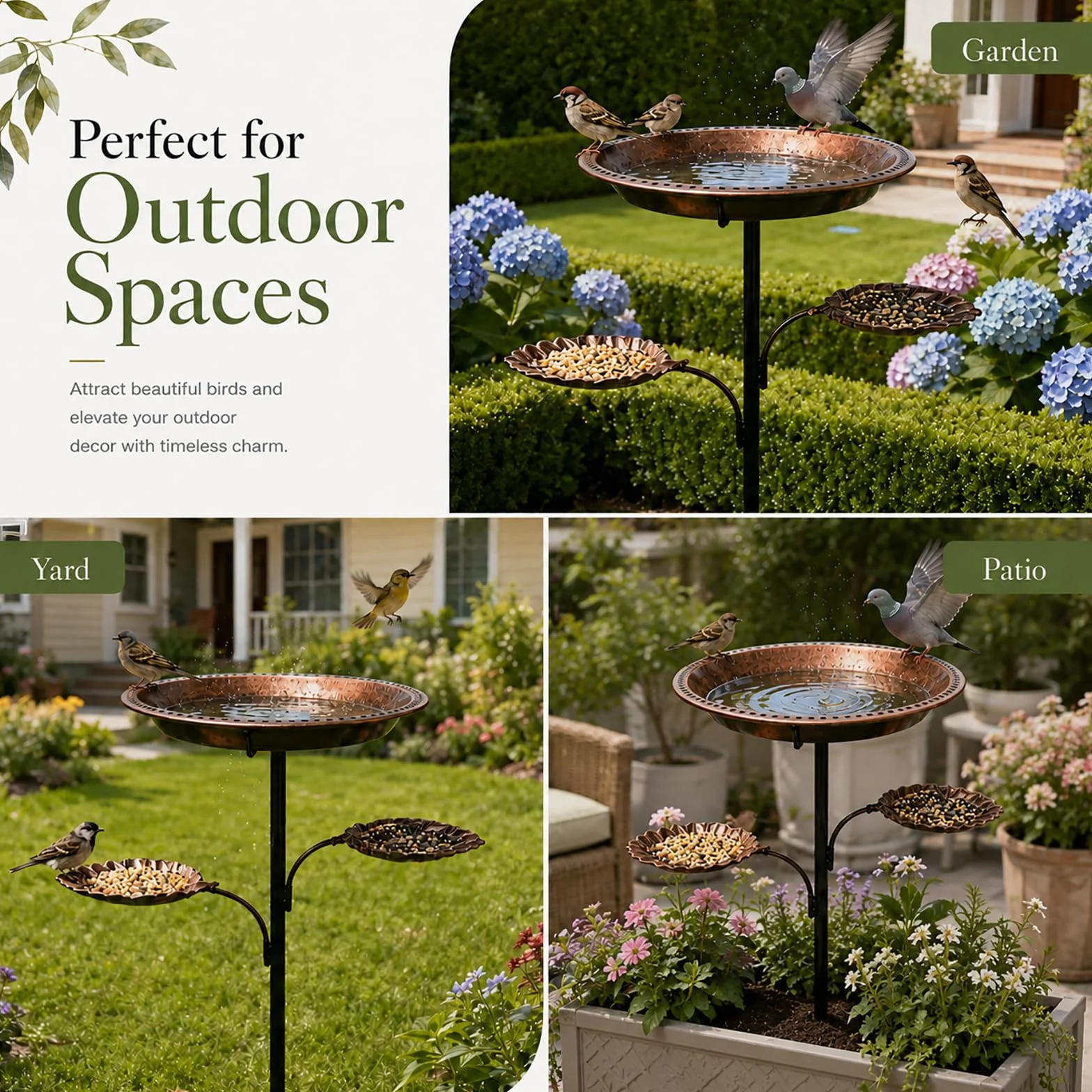 Bain d’Oiseaux en Métal sur Pied Vintage 2 en 1 Mangeoire Abreuvoir pour Jardin Extérieur Cuivre