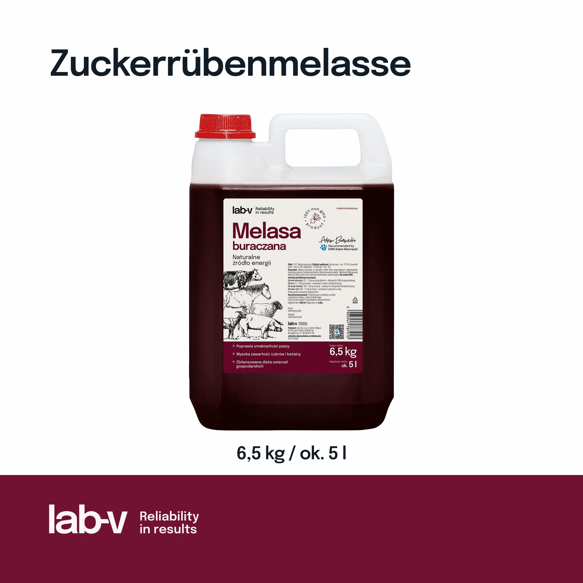 Lab-V Mélasse de betterave à sucre 5 l (6,5 kg) Aliment pour chevaux bovins moutons chèvres porcs