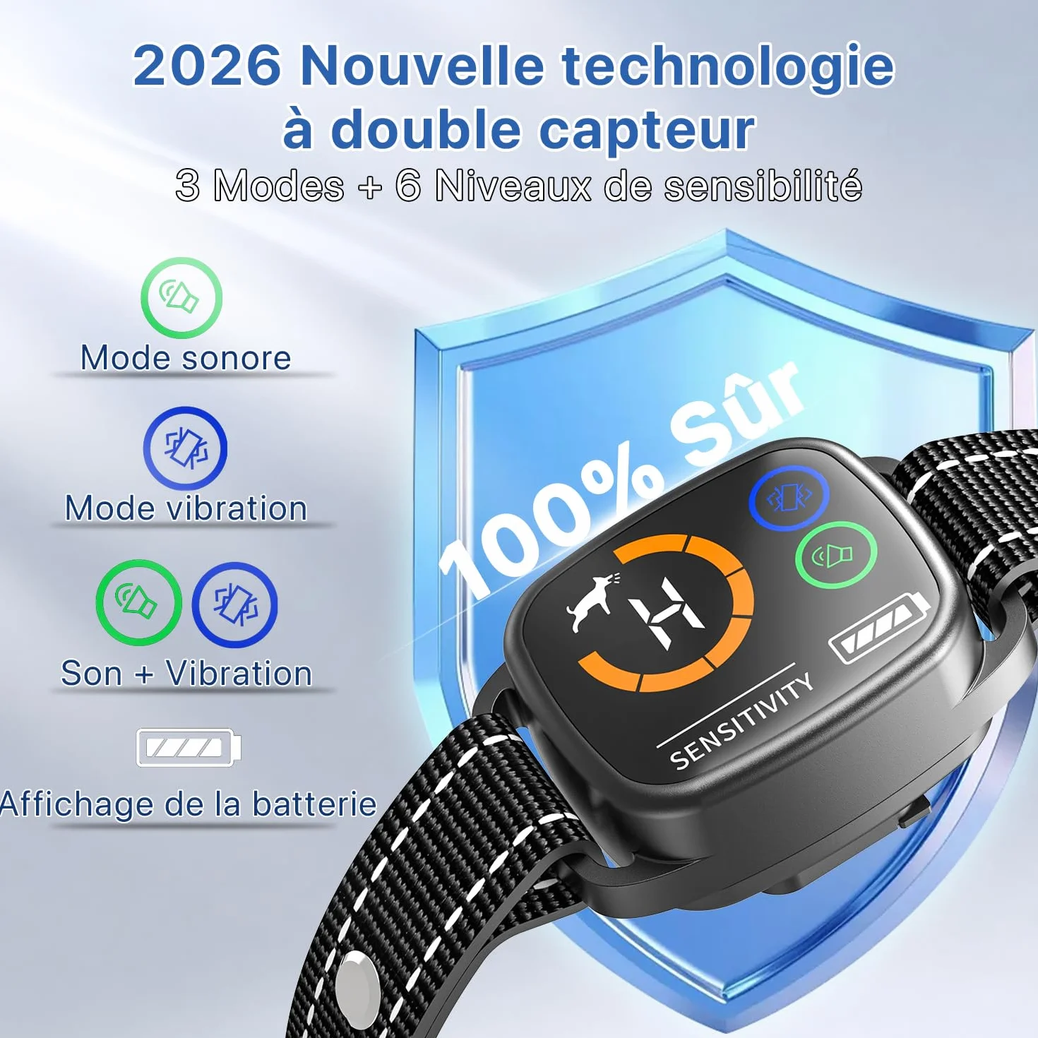 Collier Anti Aboiement Chien Électrique 6 Niveaux IP67 Rechargeable Noir