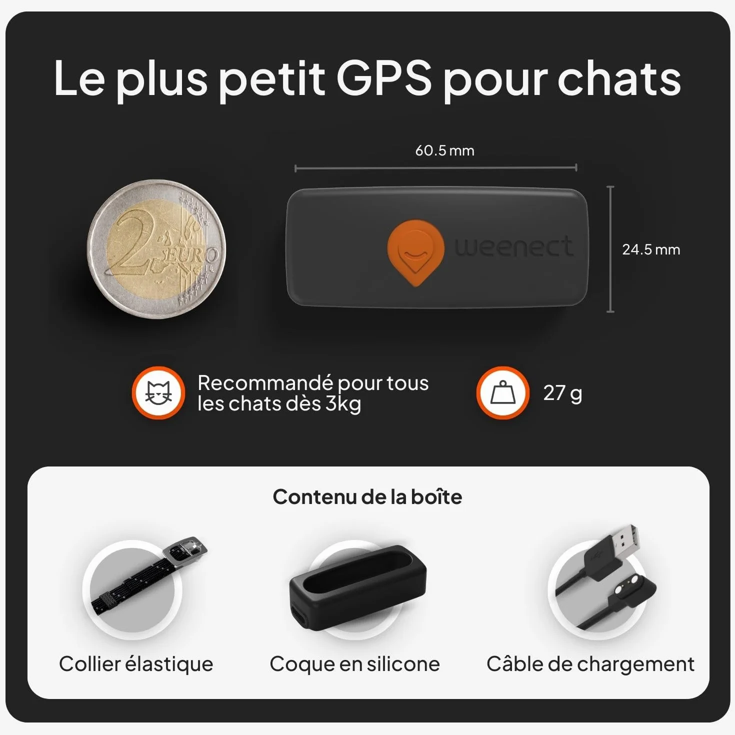 Weenect Chat XS Collier GPS pour Chat Suivi en Temps réel Plus Petit modèle du marché Fonctionne avec abonnement Collier Inclus Garantie à Vie