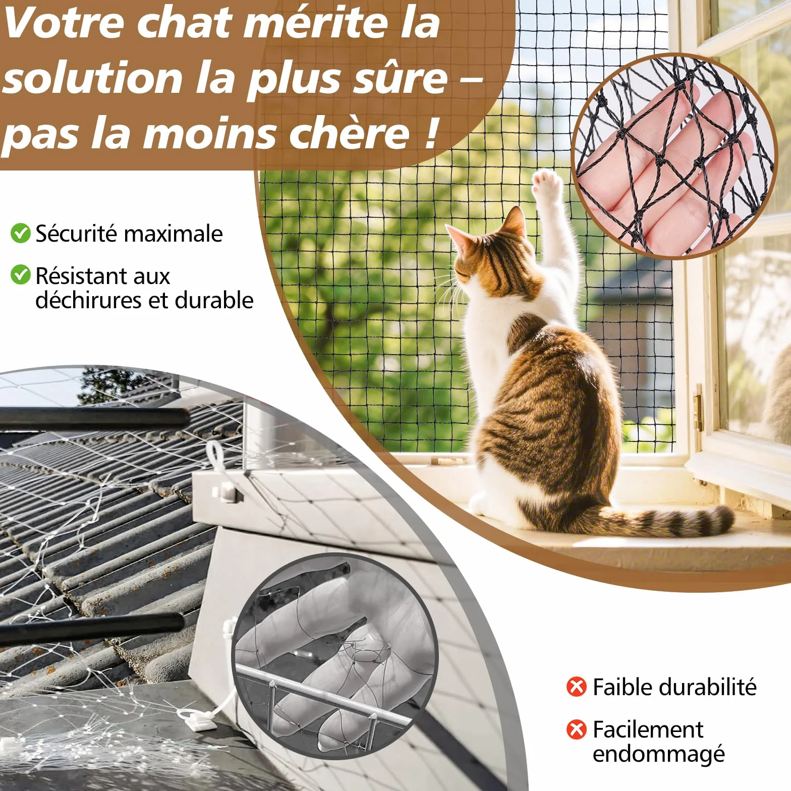 Filet de Balcon sans Percer Renforcé 3x2M Protection Chat avec Crochets Adhésifs Silicone