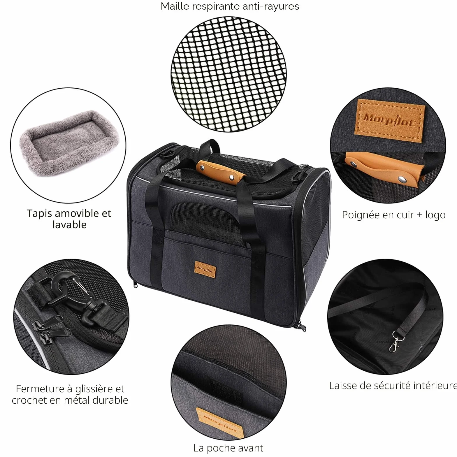 Morpilot Sac Transport Chat Chien Caisse Pliable Respirant avec Matelas Amovible Bol 7kg 44x31x34cm
