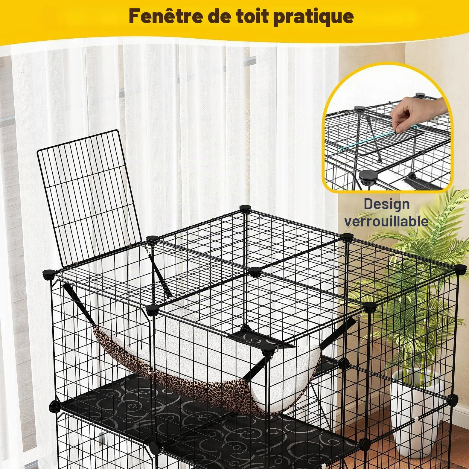 FANTASK Grande Cage à Chat 3 étages Fil métallique avec fenêtre Toit, hamac, 74 x 74 x 107 cm Noir