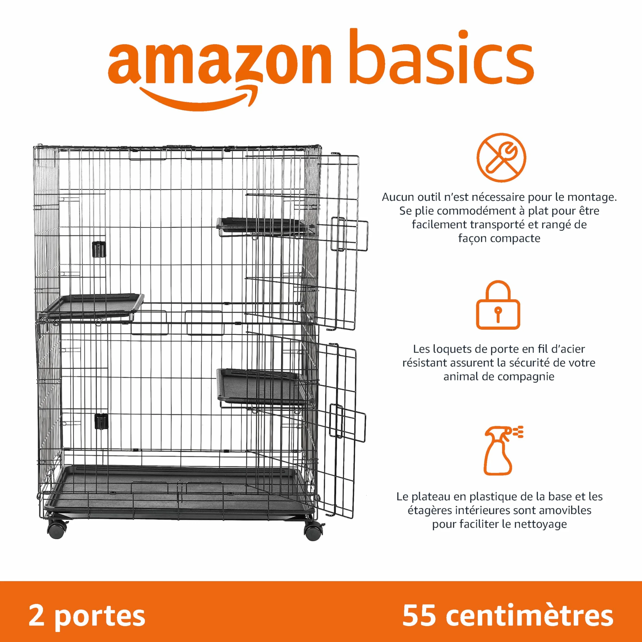 Amazon Basics Durable Cage de jeu pour chat 3 niveaux Grand modèle Noir 91 x 57 x 129 cm
