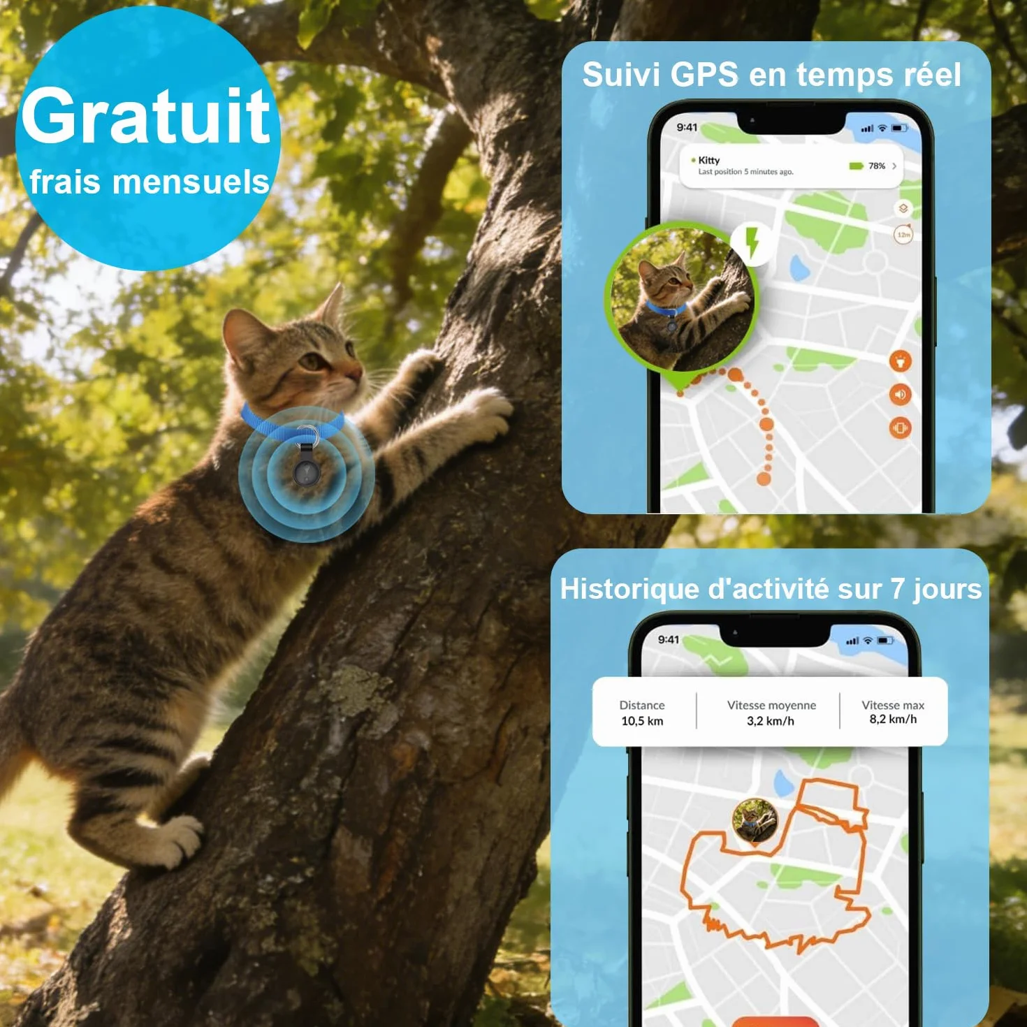Collier GPS Chien Suivi Intelligent Localisation Temps Réel Longue Autonomie étanche Noir Compatible iOS Android